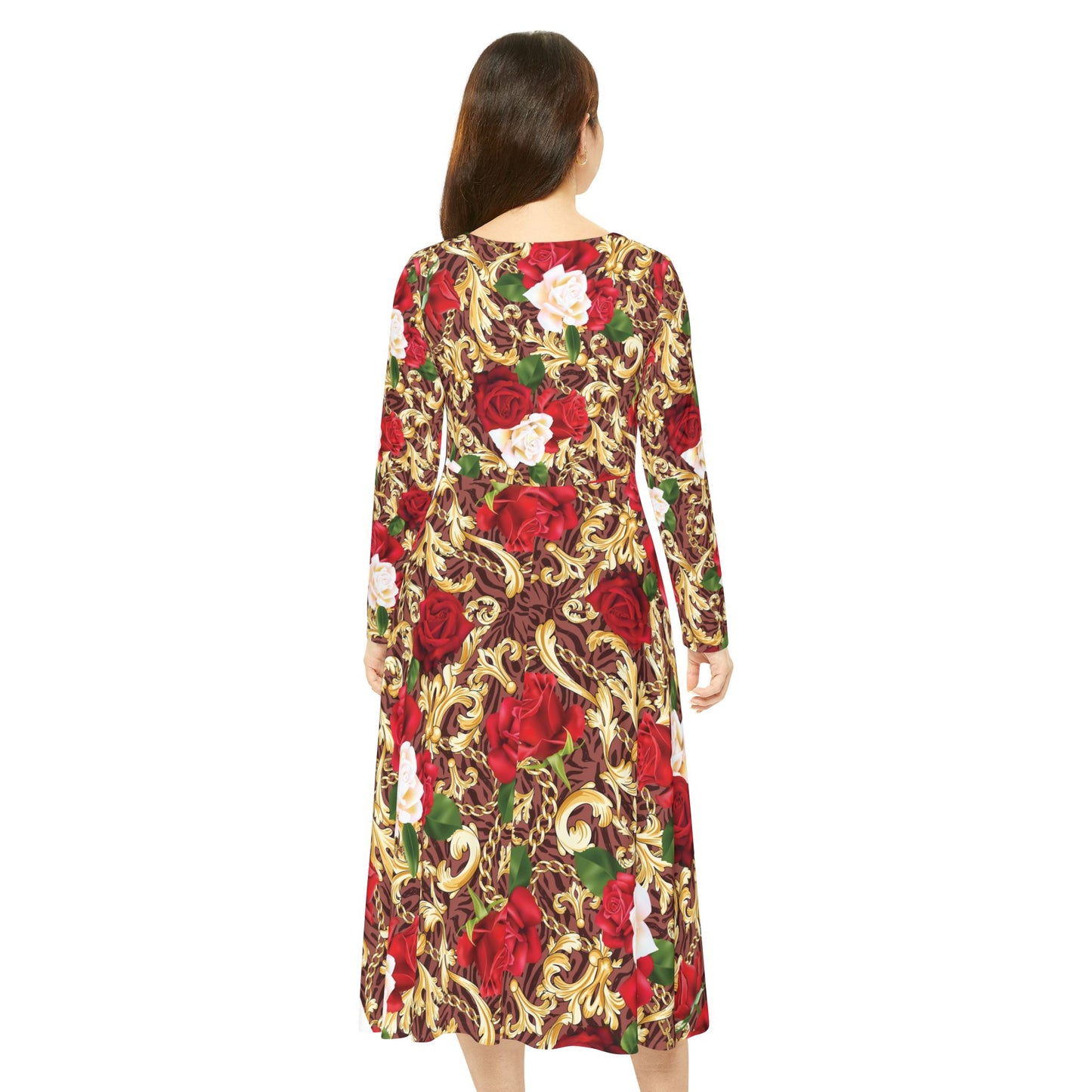 Floral Baroque Long Sleeve Dance Dress — Red & Gold Rose Print