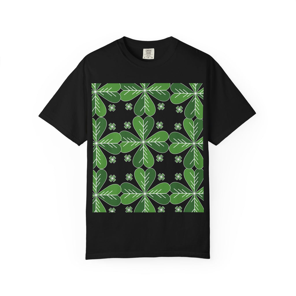 Clover Pattern T-Shirt — Green Floral Four-Leaf Design