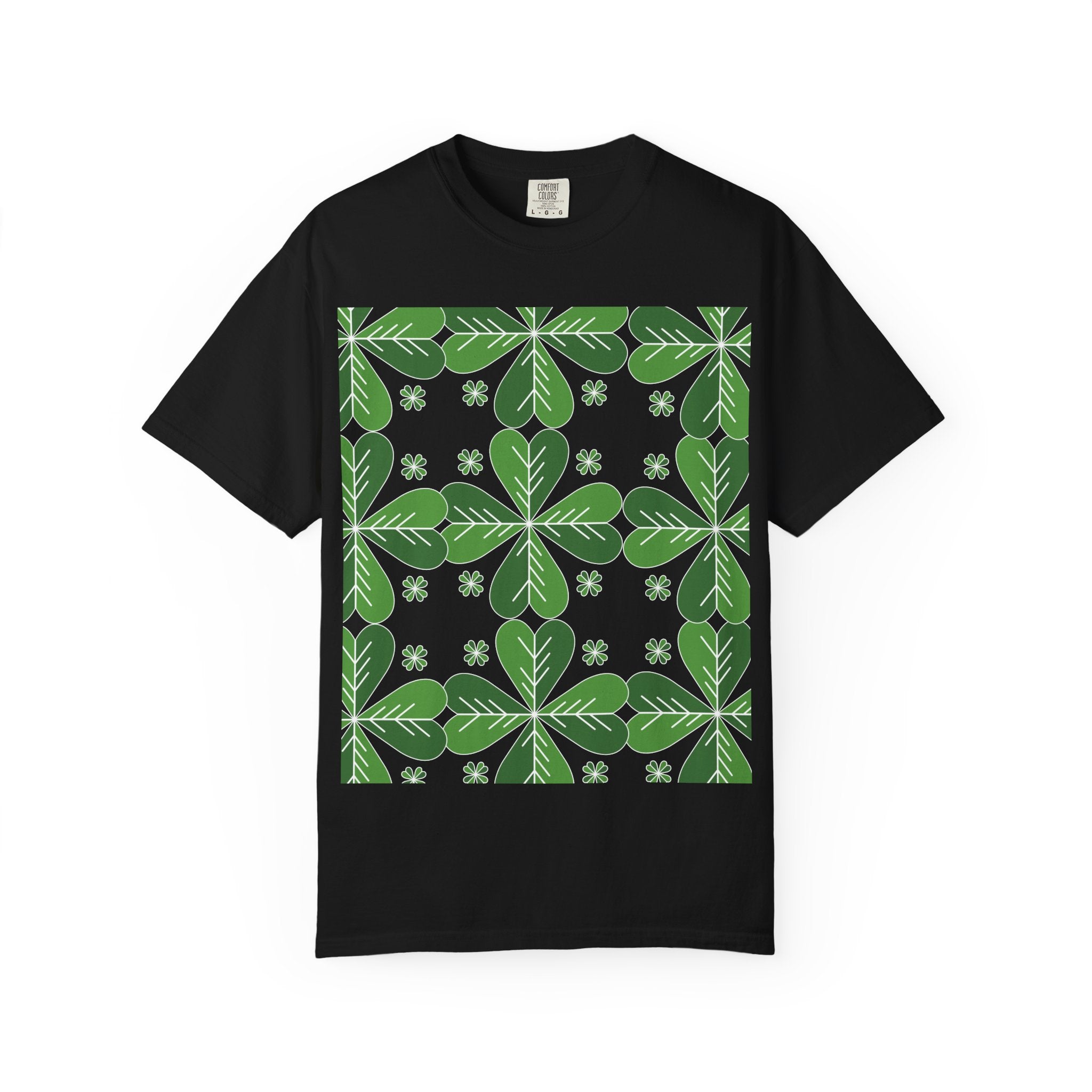 Clover Pattern T-Shirt — Green Floral Four-Leaf Design
