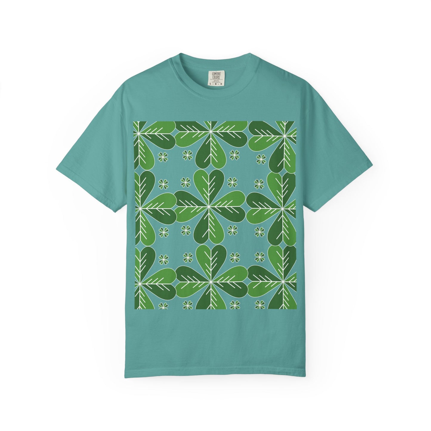 Clover Pattern T-Shirt — Green Floral Four-Leaf Design