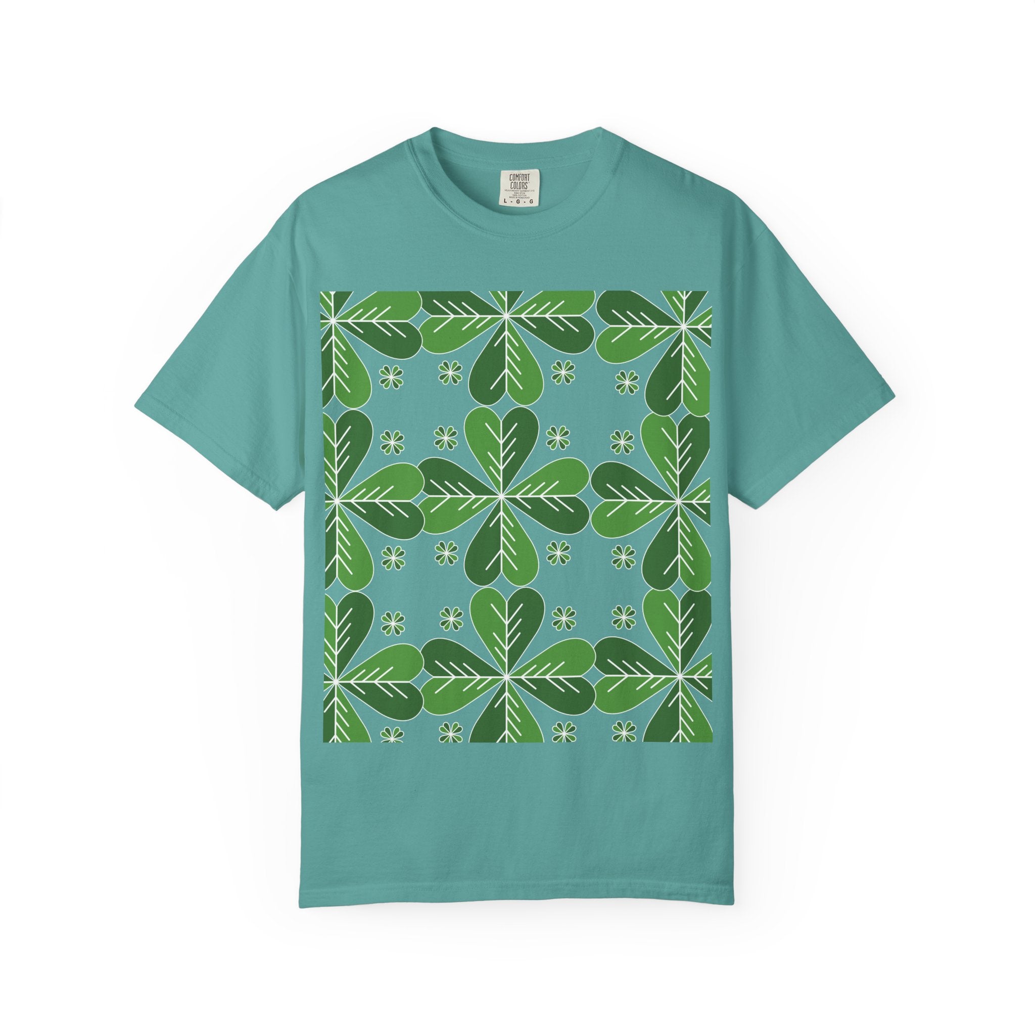 Clover Pattern T-Shirt — Green Floral Four-Leaf Design