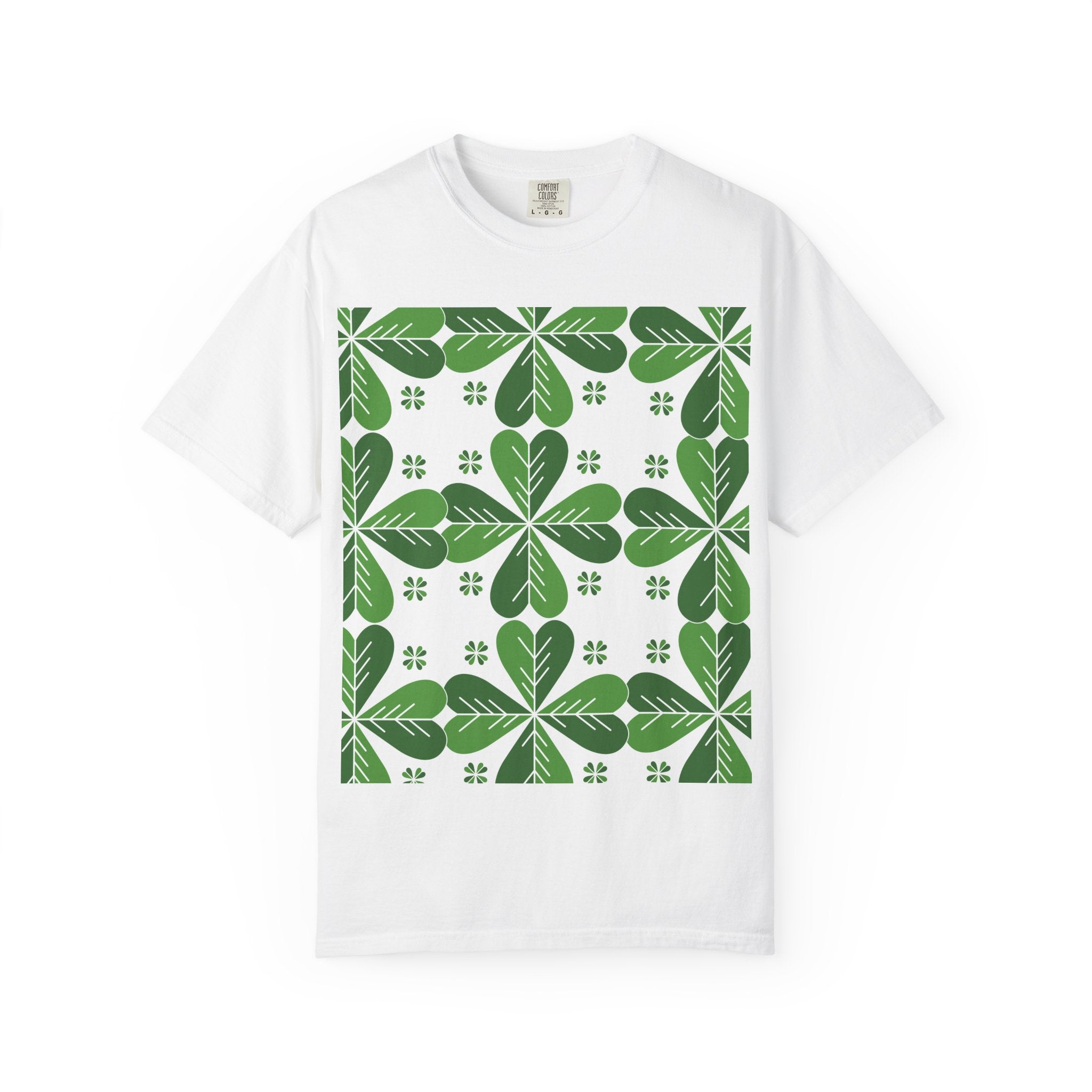 Clover Pattern T-Shirt — Green Floral Four-Leaf Design