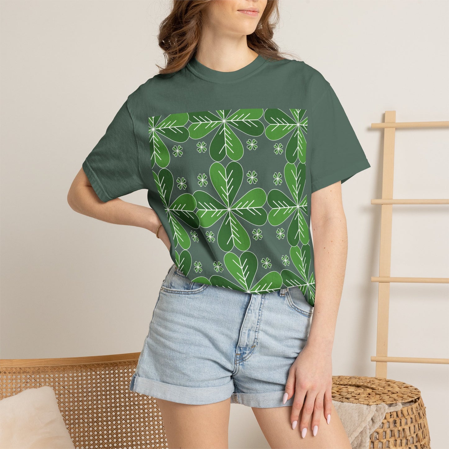 Clover Pattern T-Shirt — Green Floral Four-Leaf Design