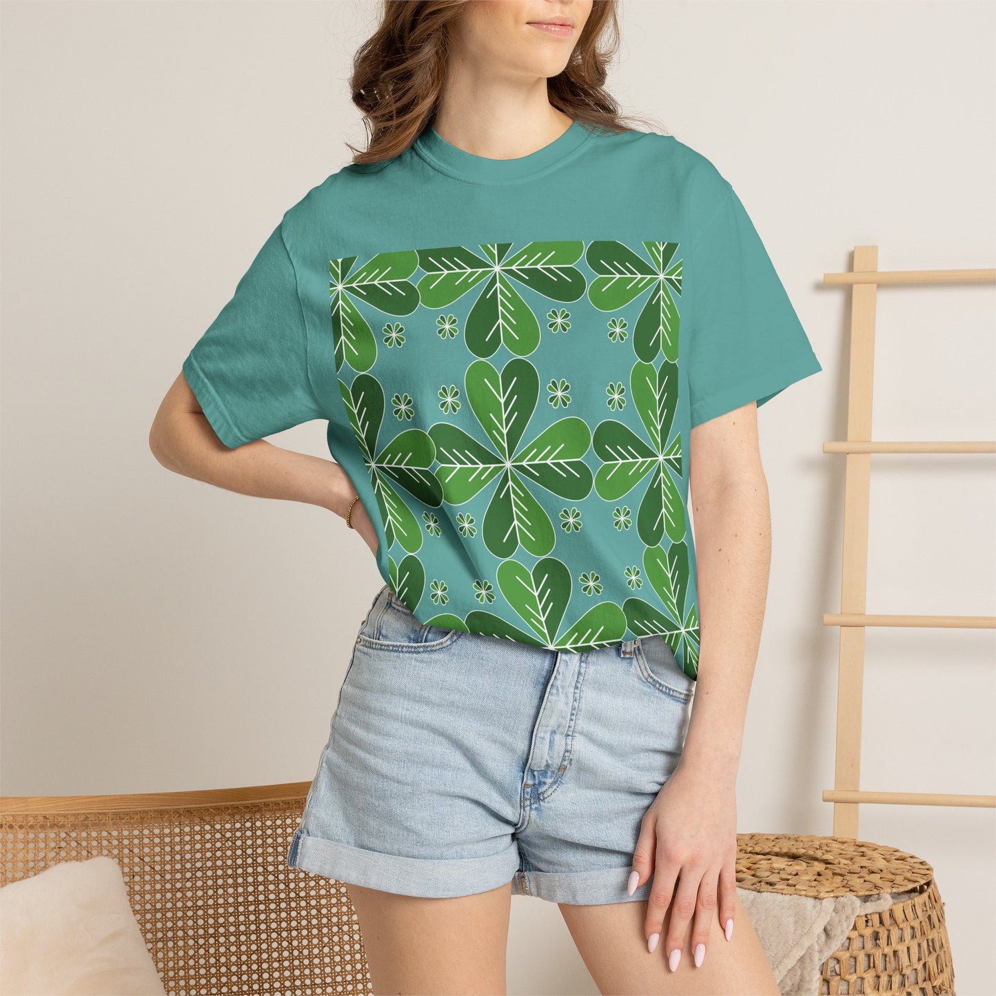 Clover Pattern T-Shirt — Green Floral Four-Leaf Design
