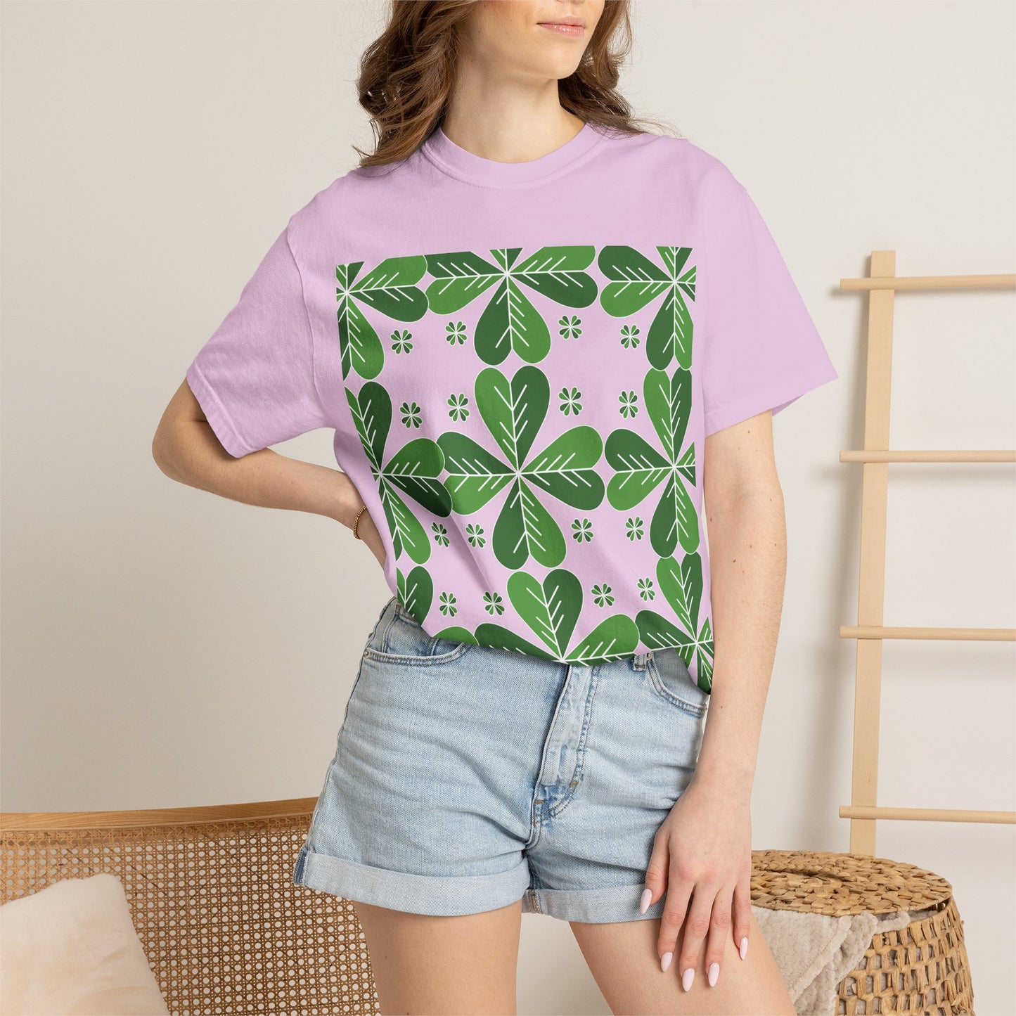 Clover Pattern T-Shirt — Green Floral Four-Leaf Design