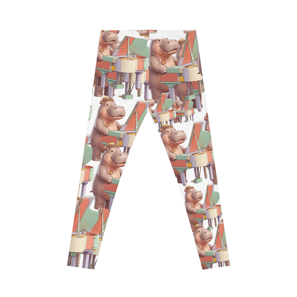 Hippo Piano Pattern Leggings — Cute Musician All-Over Print Women's Leggings