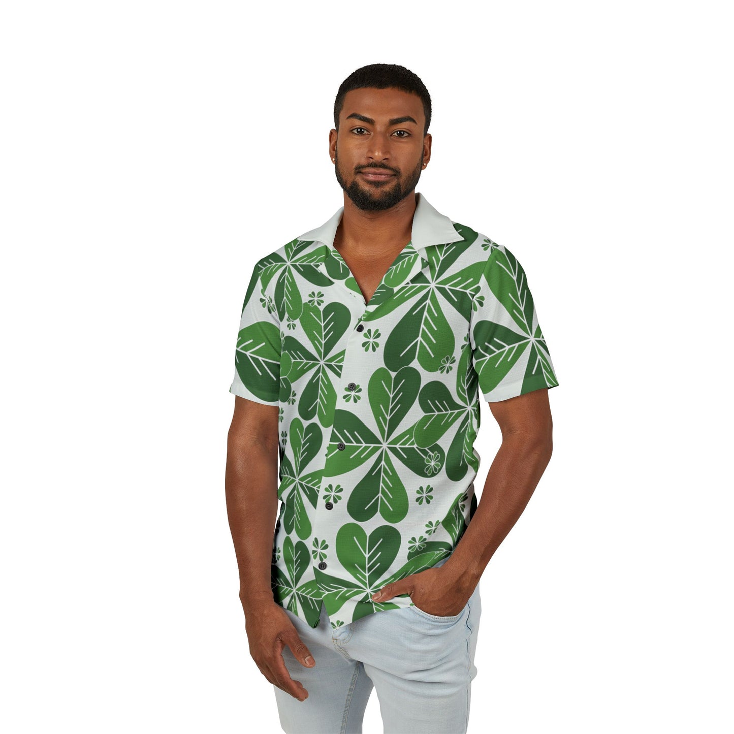 Men's Green Leaf Hawaiian Shirt — Tropical Camp Button-Up