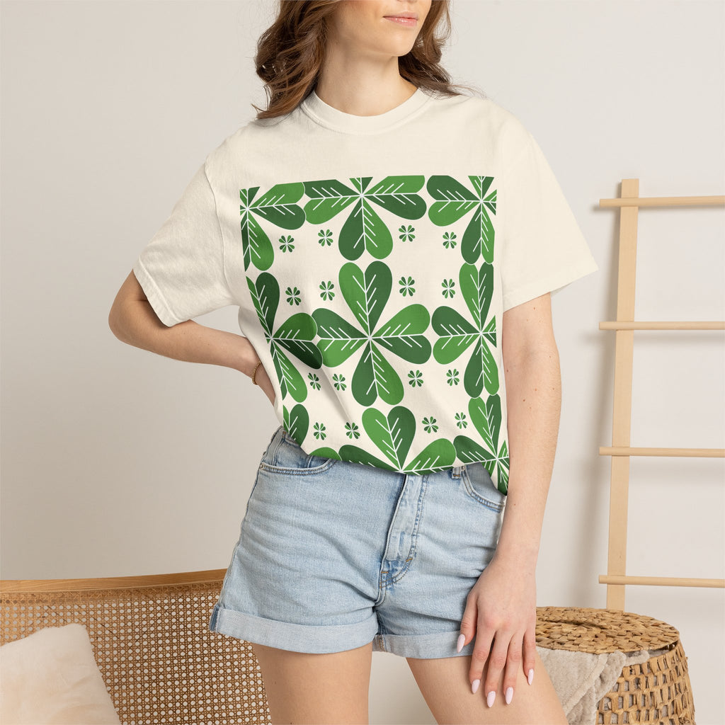 Clover Pattern T-Shirt — Green Floral Four-Leaf Design