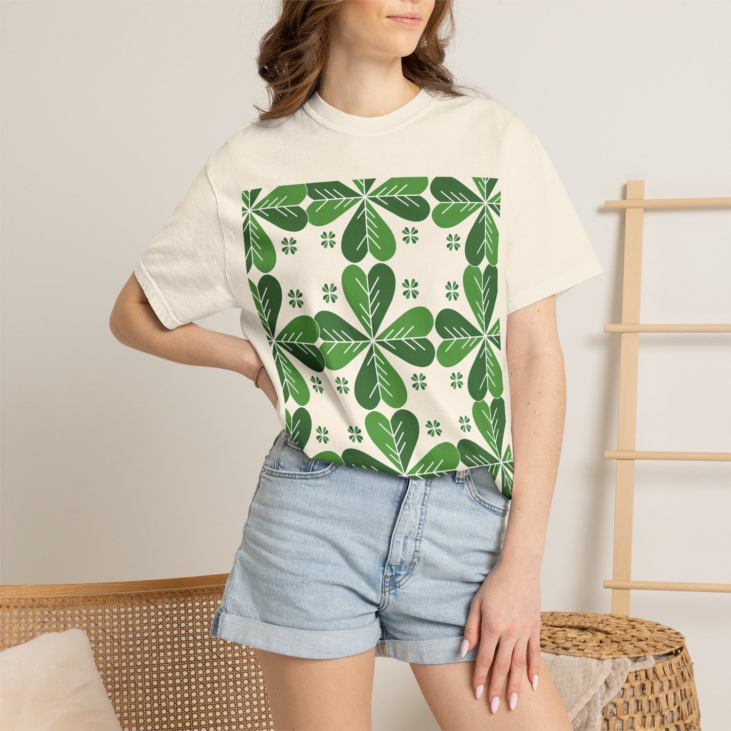 Clover Pattern T-Shirt — Green Floral Four-Leaf Design