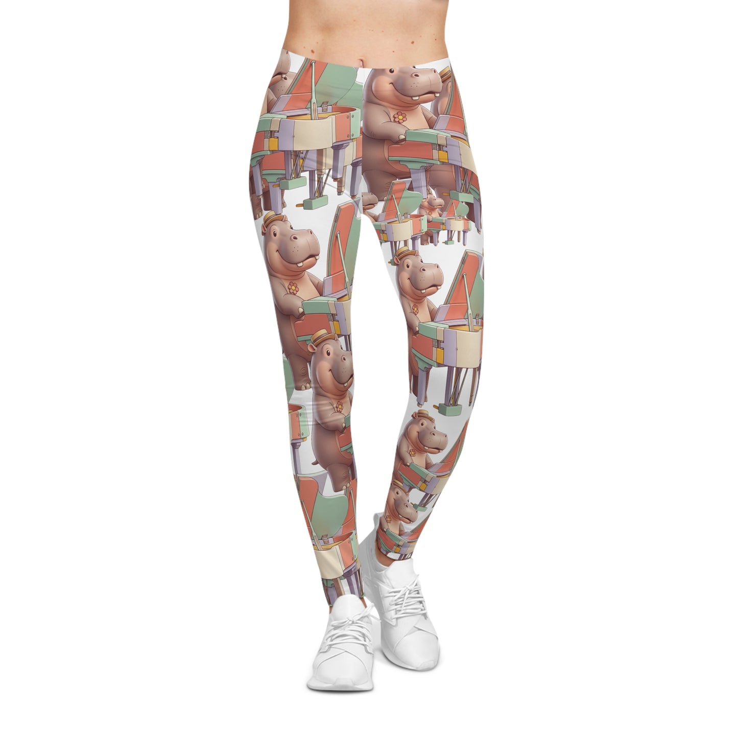 Hippo Piano Pattern Leggings — Cute Musician All-Over Print Women's Leggings