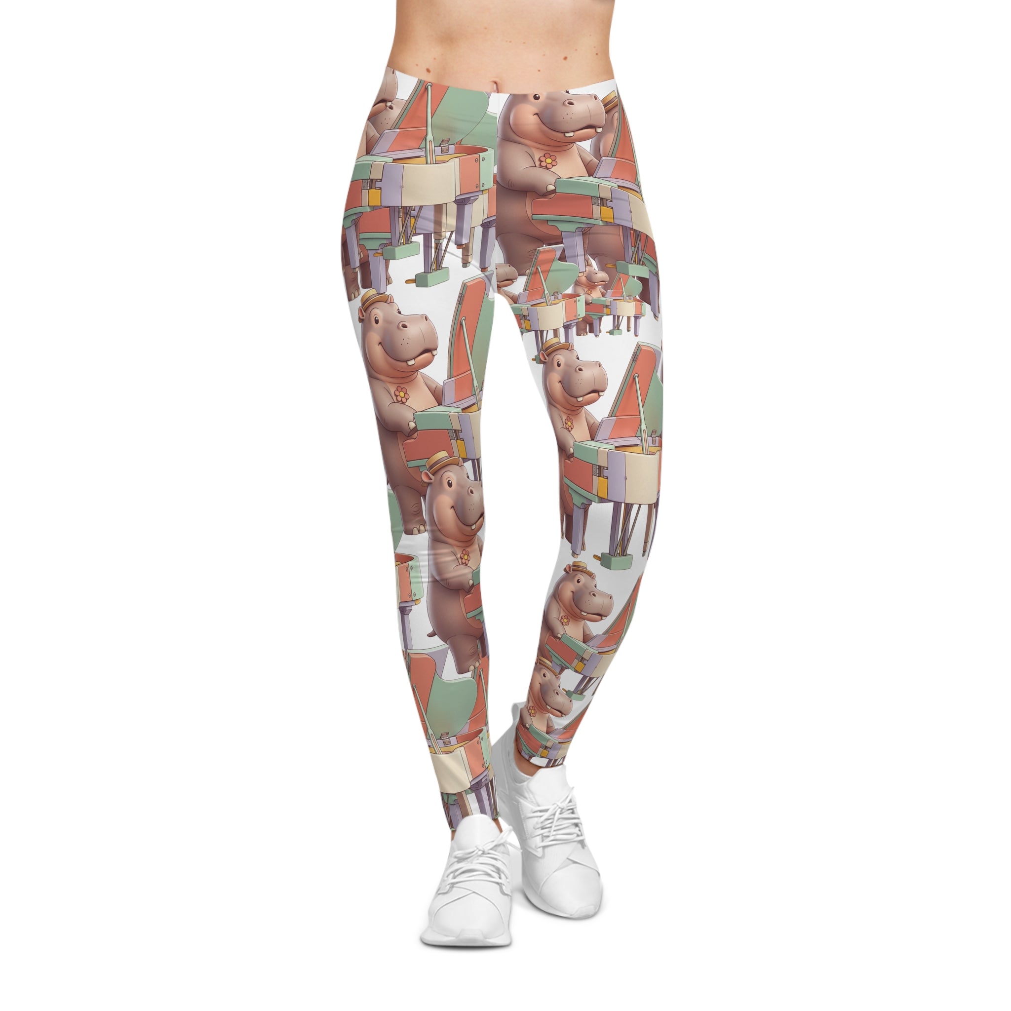 Hippo Piano Pattern Leggings — Cute Musician All-Over Print Women's Leggings