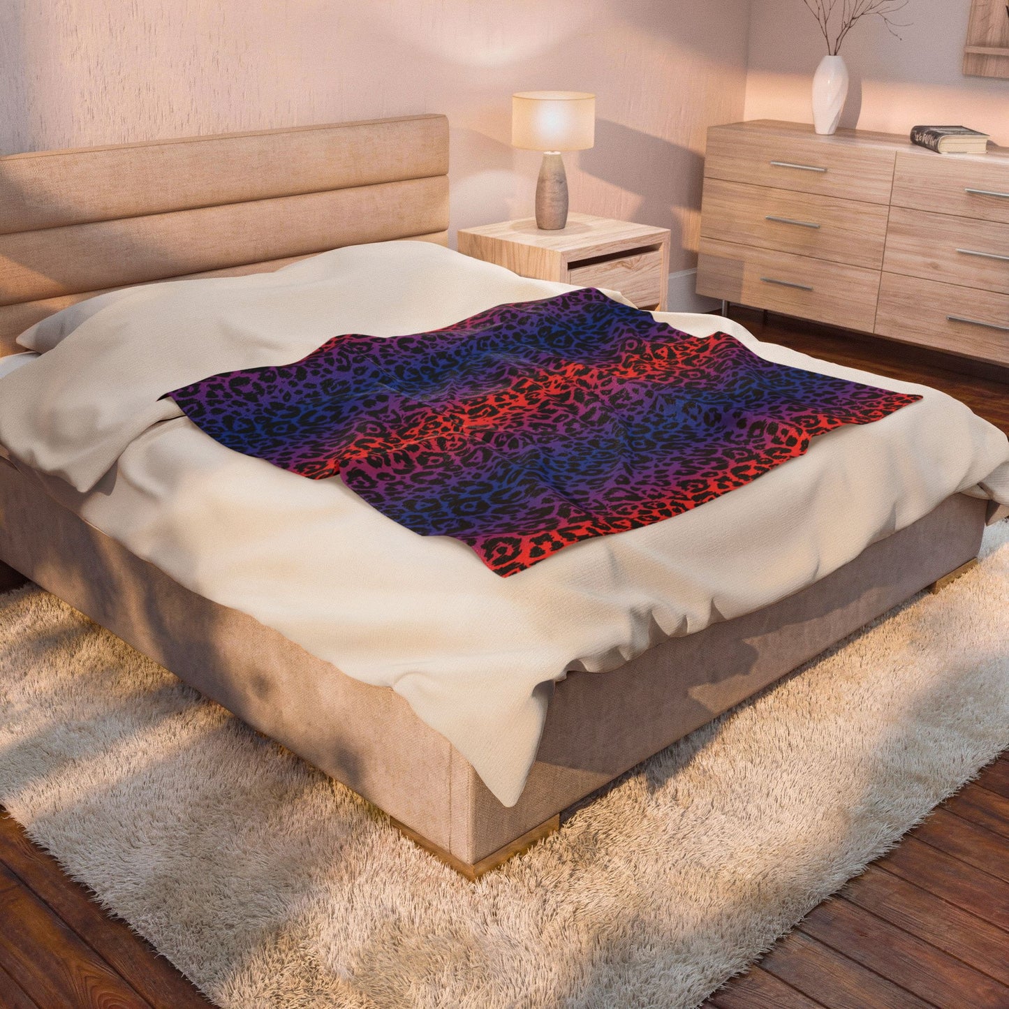 Rainbow Leopard Velveteen Plush Blanket — Soft Cozy Animal Print Throw