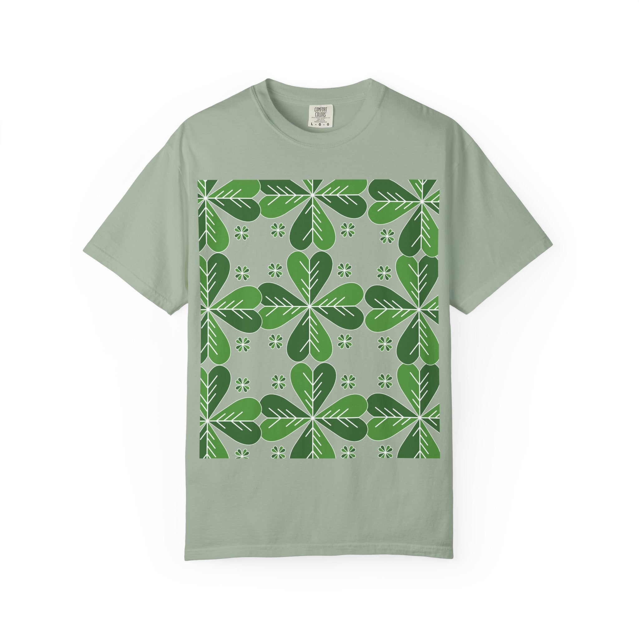 Clover Pattern T-Shirt — Green Floral Four-Leaf Design