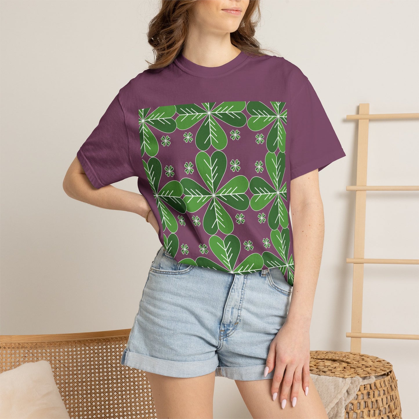 Clover Pattern T-Shirt — Green Floral Four-Leaf Design