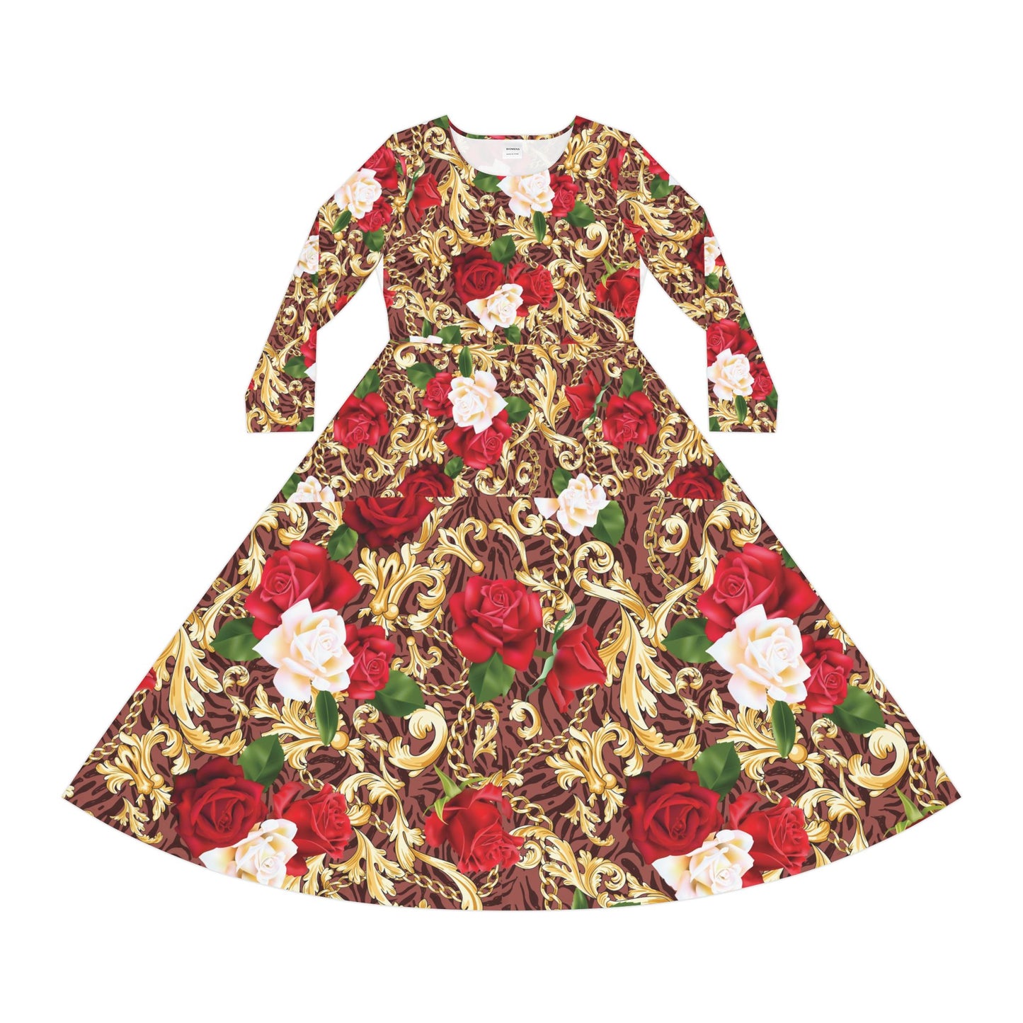 Floral Baroque Long Sleeve Dance Dress — Red & Gold Rose Print