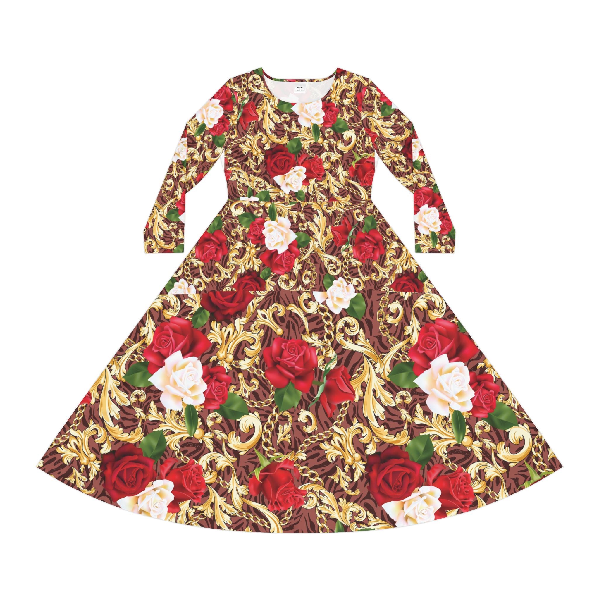 Floral Baroque Long Sleeve Dance Dress — Red & Gold Rose Print