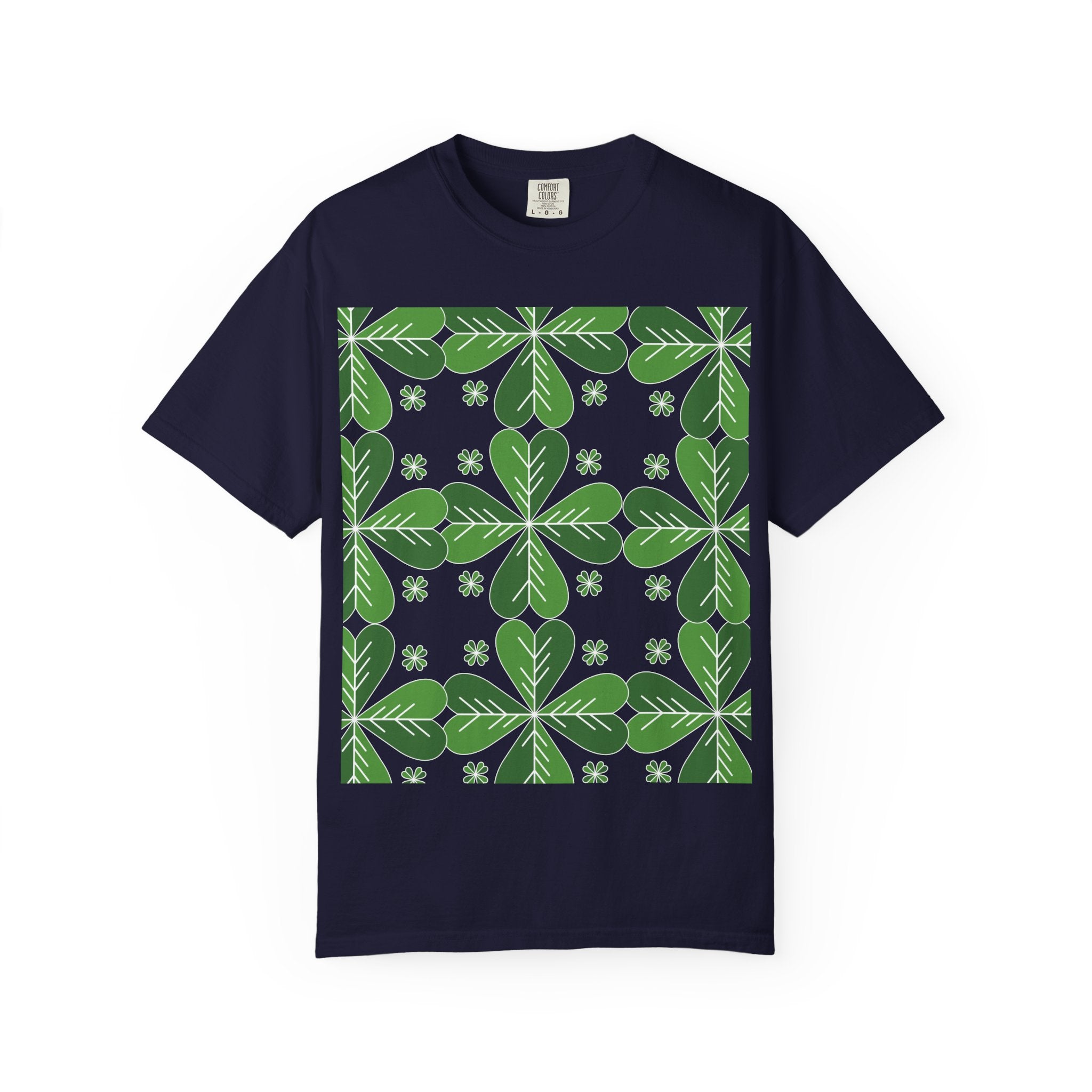 Clover Pattern T-Shirt — Green Floral Four-Leaf Design
