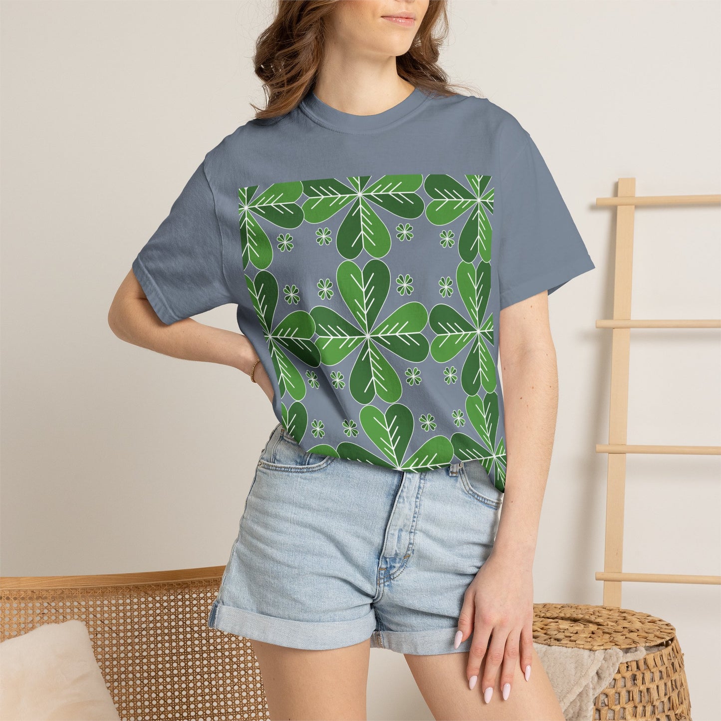 Clover Pattern T-Shirt — Green Floral Four-Leaf Design