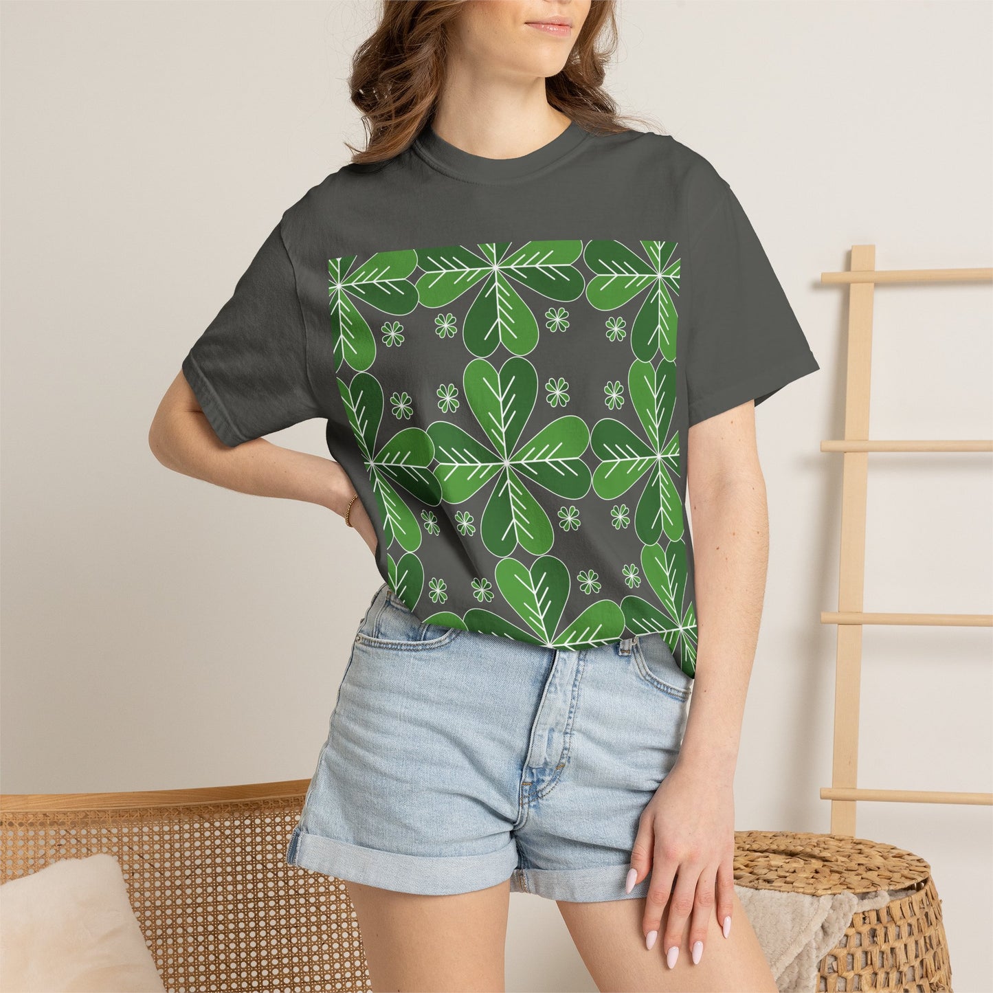 Clover Pattern T-Shirt — Green Floral Four-Leaf Design