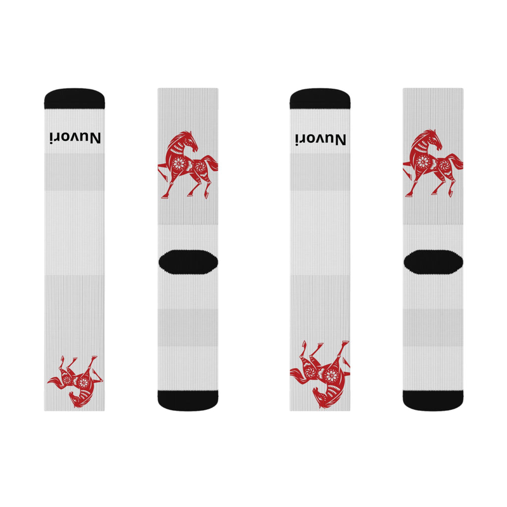 Red Trojan Horse Sublimation Socks — Novelty Athletic Crew Socks