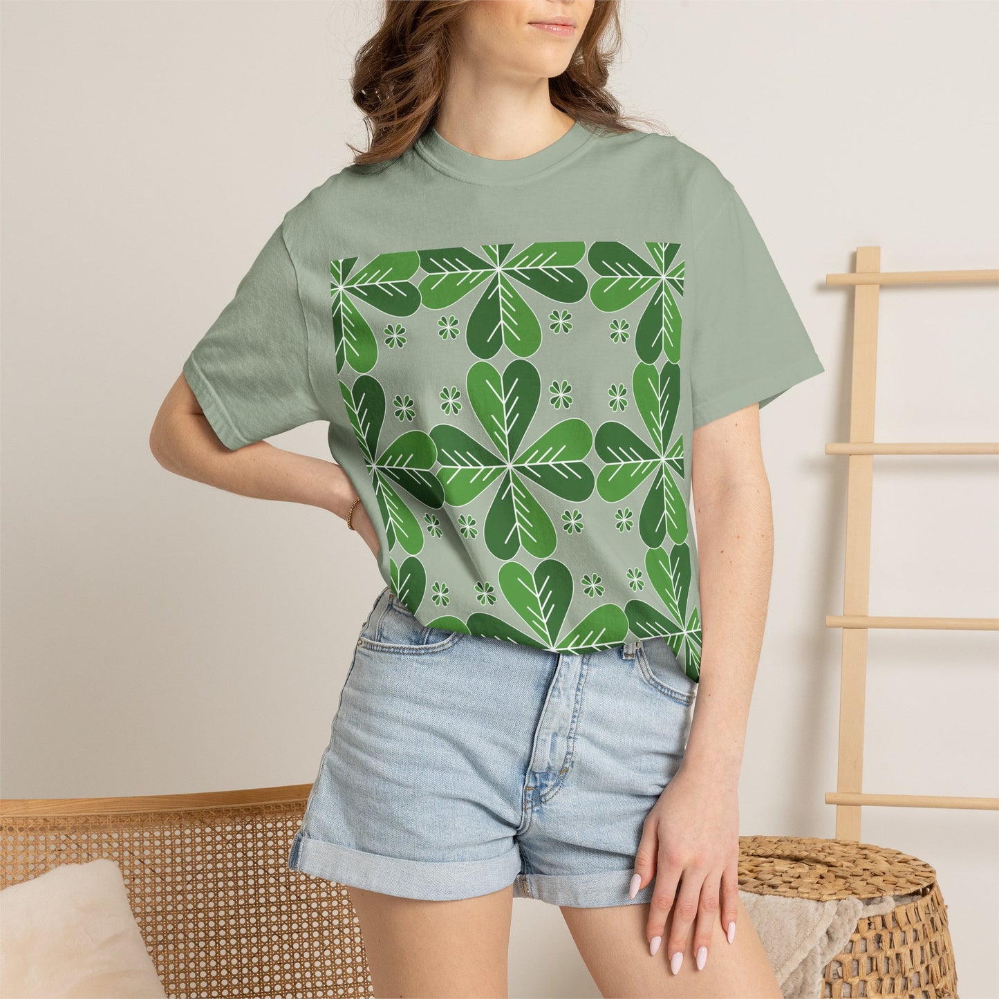 Clover Pattern T-Shirt — Green Floral Four-Leaf Design