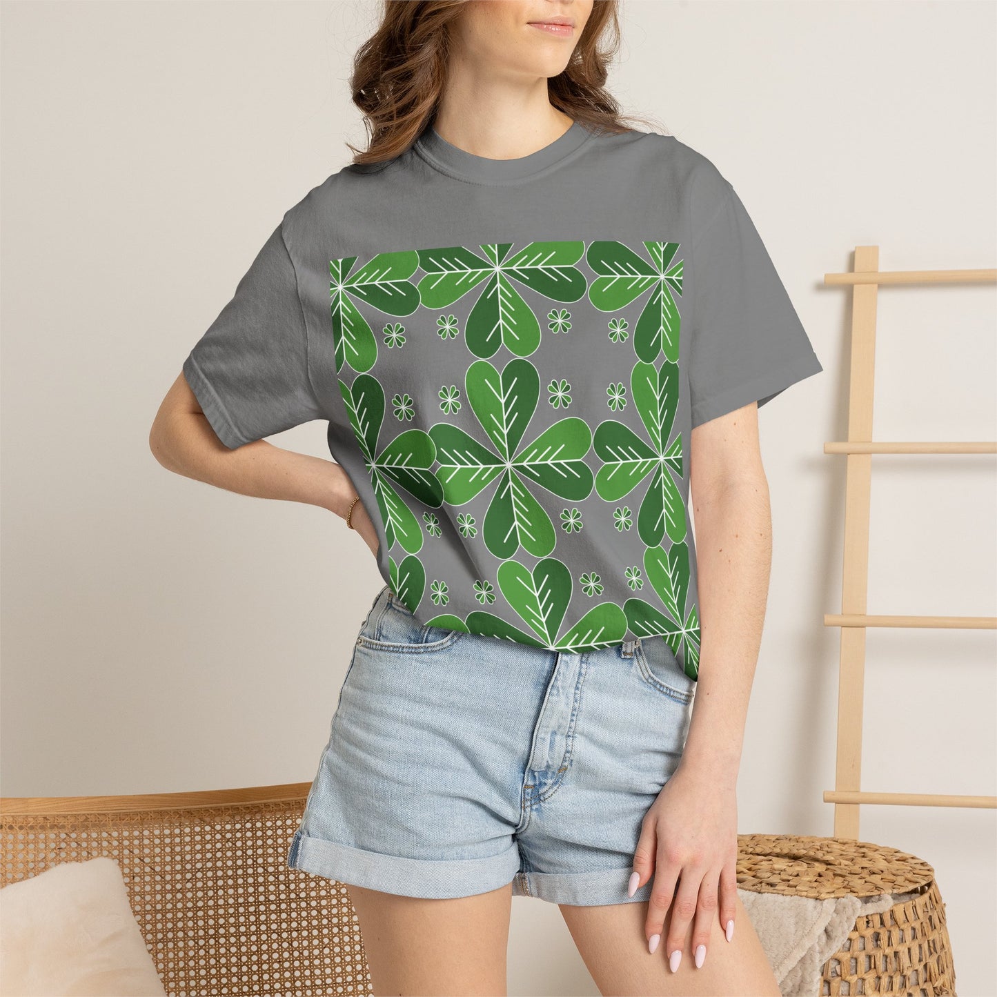 Clover Pattern T-Shirt — Green Floral Four-Leaf Design