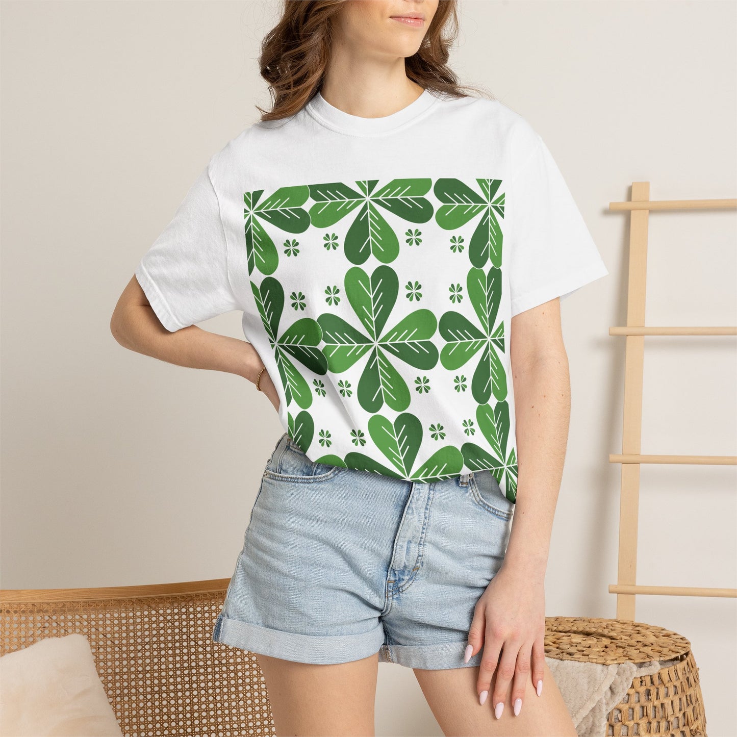 Clover Pattern T-Shirt — Green Floral Four-Leaf Design