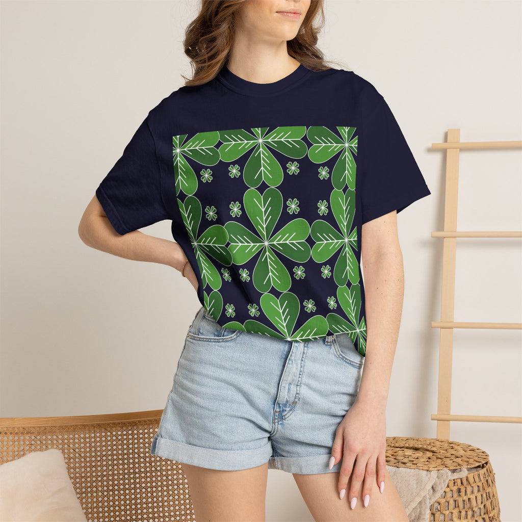 Clover Pattern T-Shirt — Green Floral Four-Leaf Design