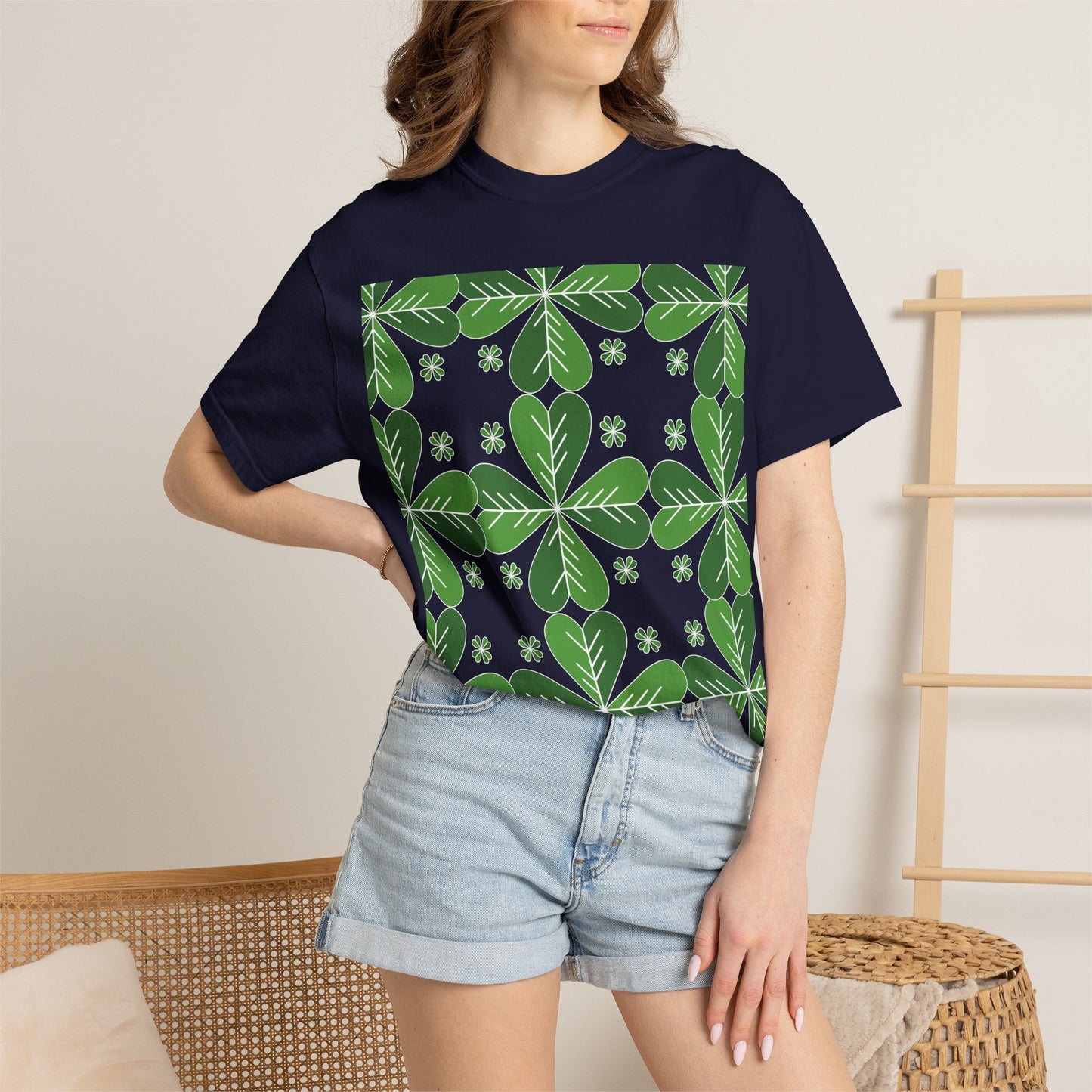 Clover Pattern T-Shirt — Green Floral Four-Leaf Design