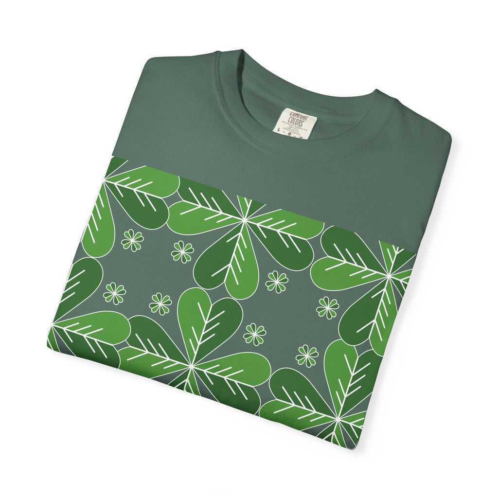 Clover Pattern T-Shirt — Green Floral Four-Leaf Design