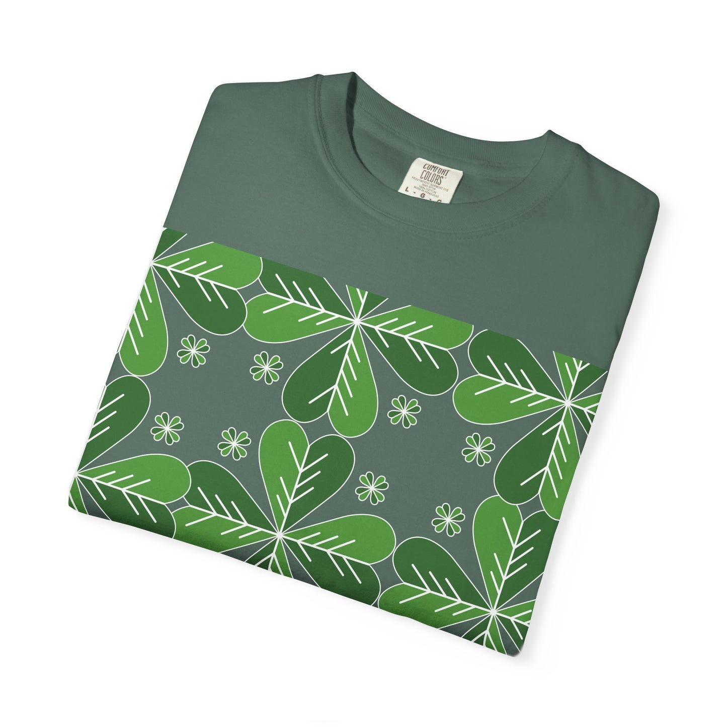 Clover Pattern T-Shirt — Green Floral Four-Leaf Design