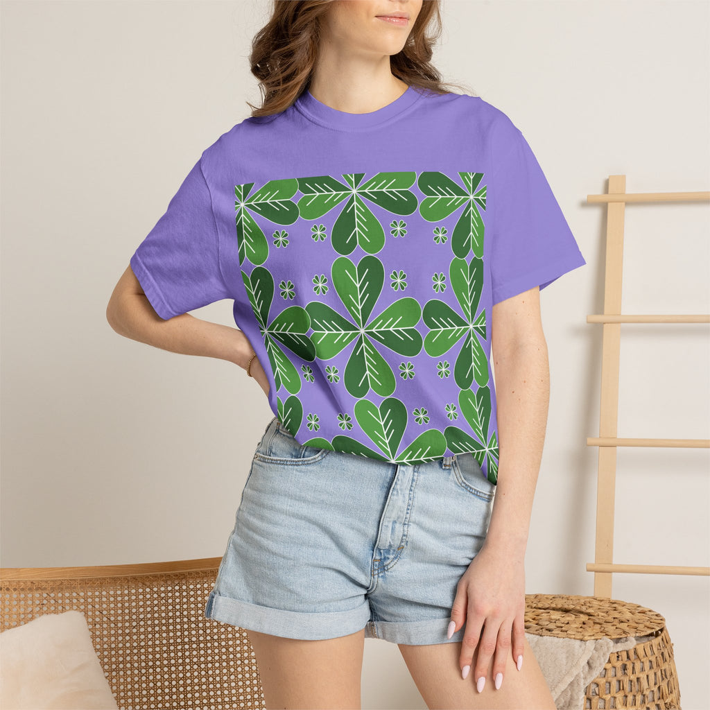 Clover Pattern T-Shirt — Green Floral Four-Leaf Design