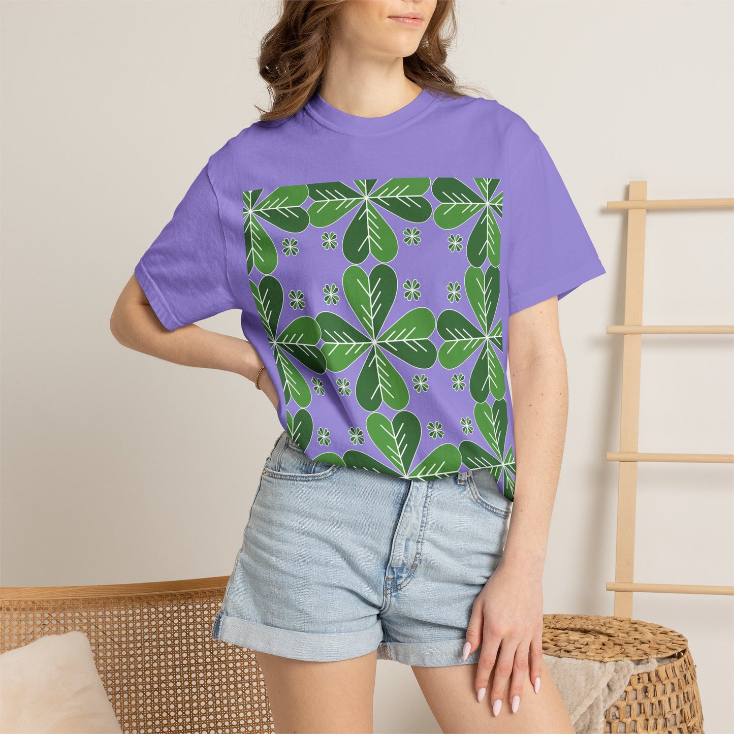 Clover Pattern T-Shirt — Green Floral Four-Leaf Design