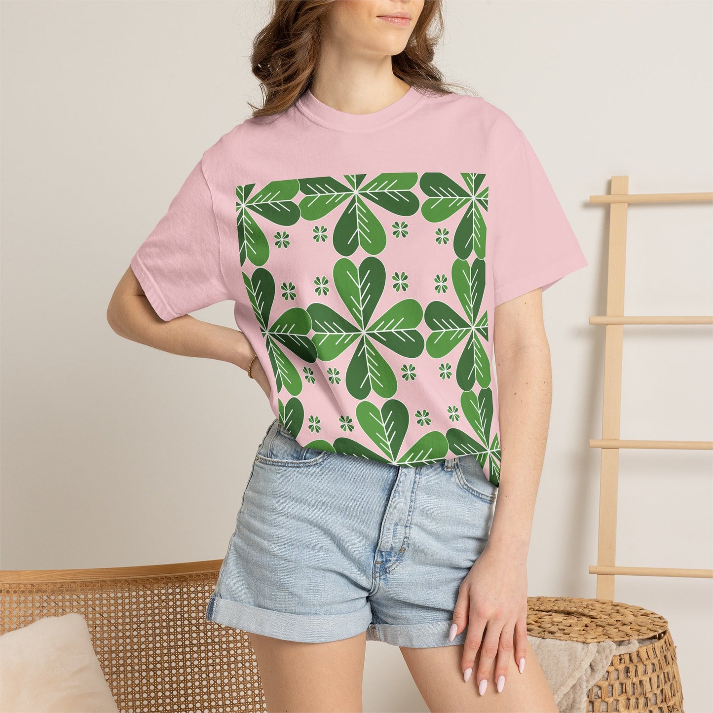 Clover Pattern T-Shirt — Green Floral Four-Leaf Design