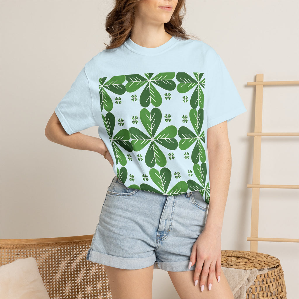 Clover Pattern T-Shirt — Green Floral Four-Leaf Design