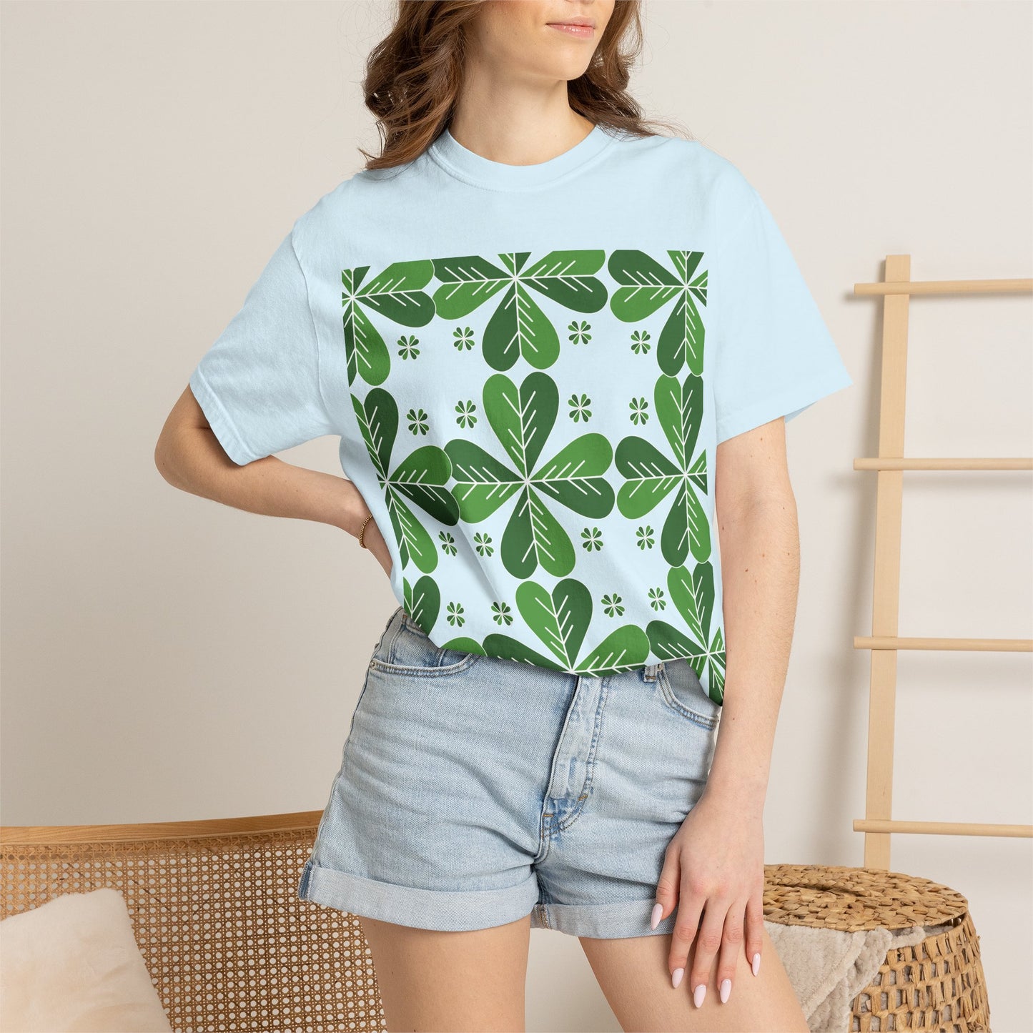 Clover Pattern T-Shirt — Green Floral Four-Leaf Design