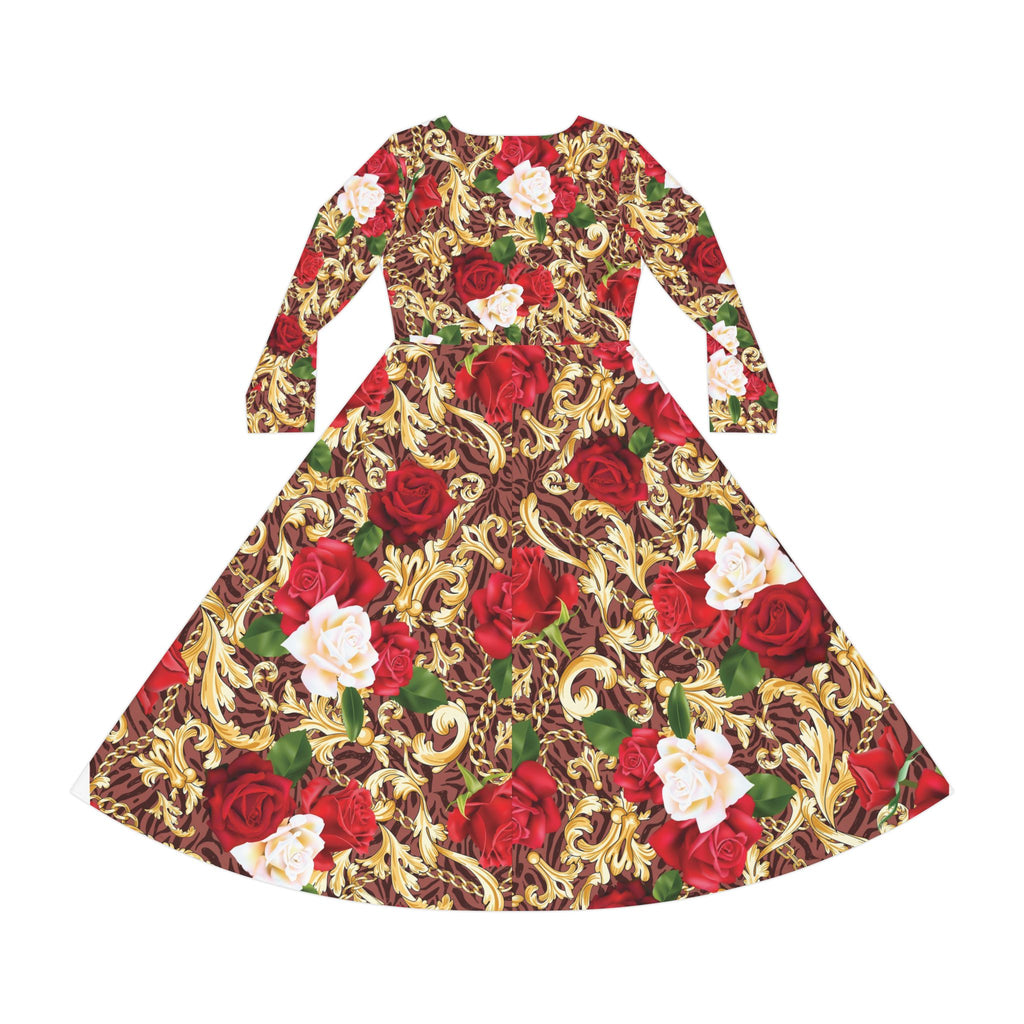 Floral Baroque Long Sleeve Dance Dress — Red & Gold Rose Print