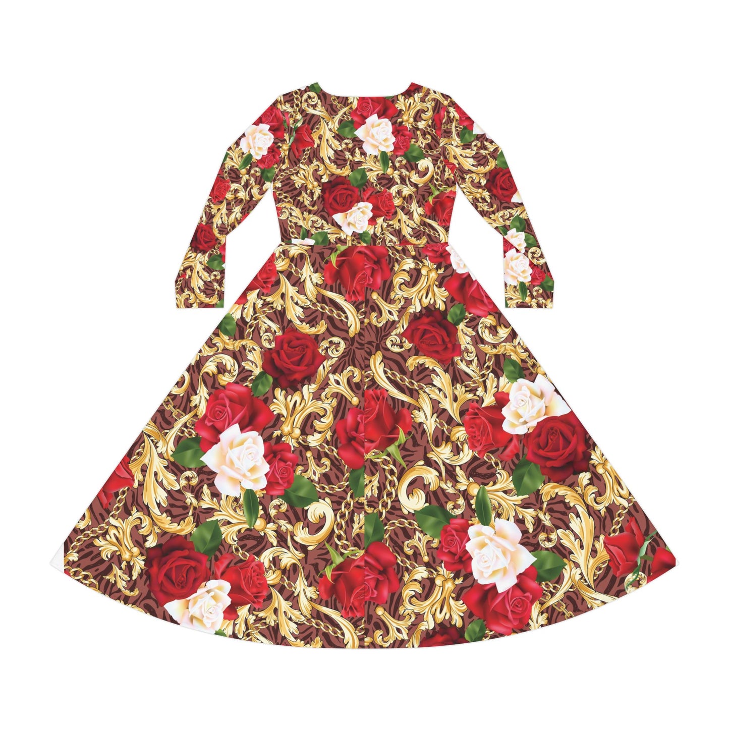 Floral Baroque Long Sleeve Dance Dress — Red & Gold Rose Print