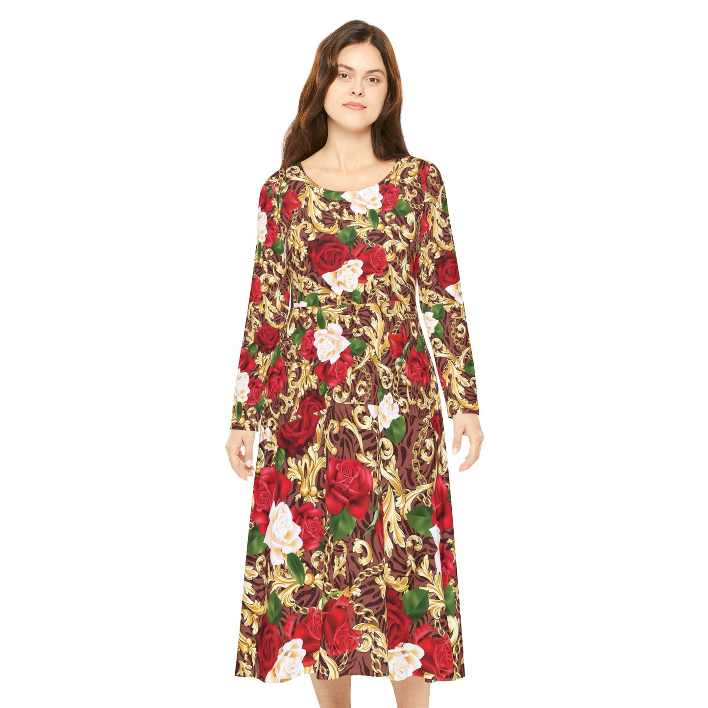 Floral Baroque Long Sleeve Dance Dress — Red & Gold Rose Print