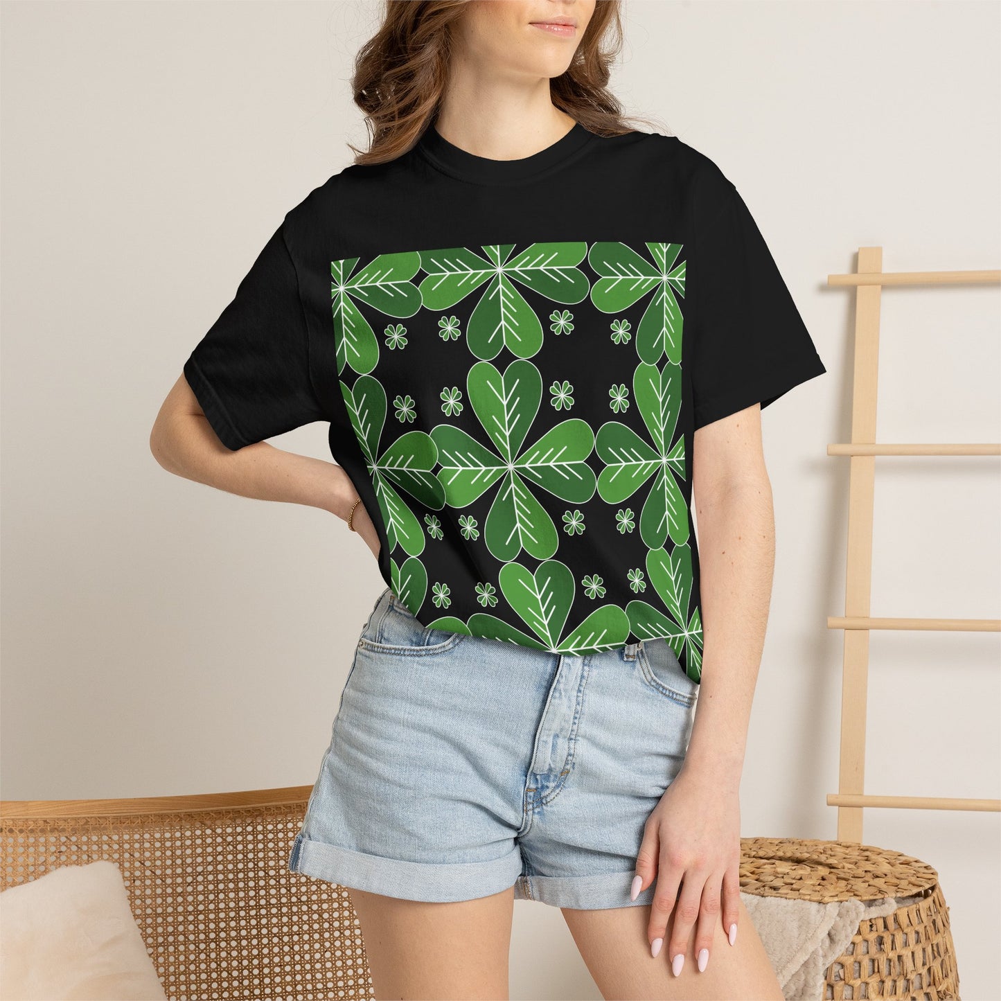 Clover Pattern T-Shirt — Green Floral Four-Leaf Design