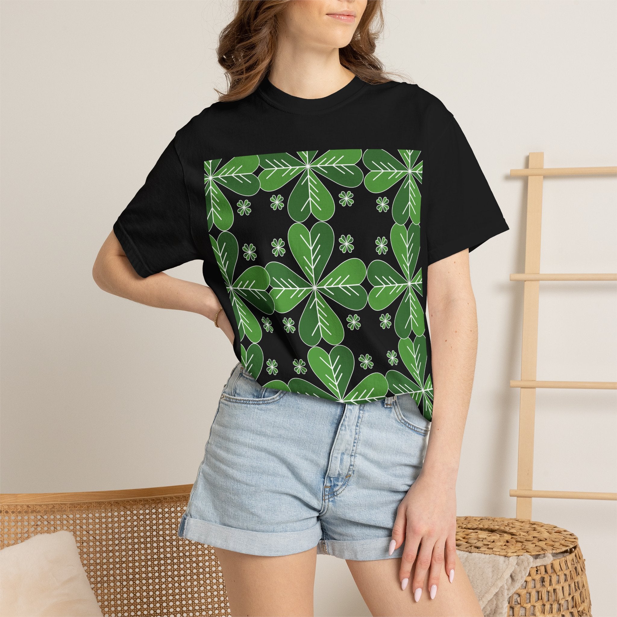 Clover Pattern T-Shirt — Green Floral Four-Leaf Design