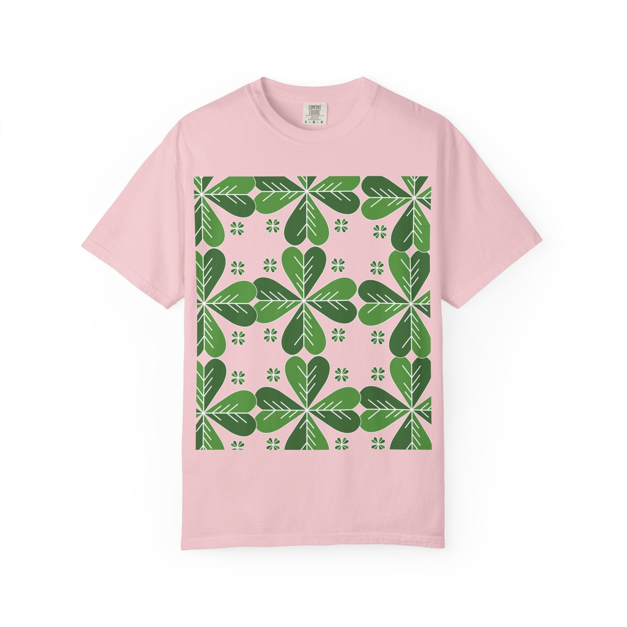 Clover Pattern T-Shirt — Green Floral Four-Leaf Design
