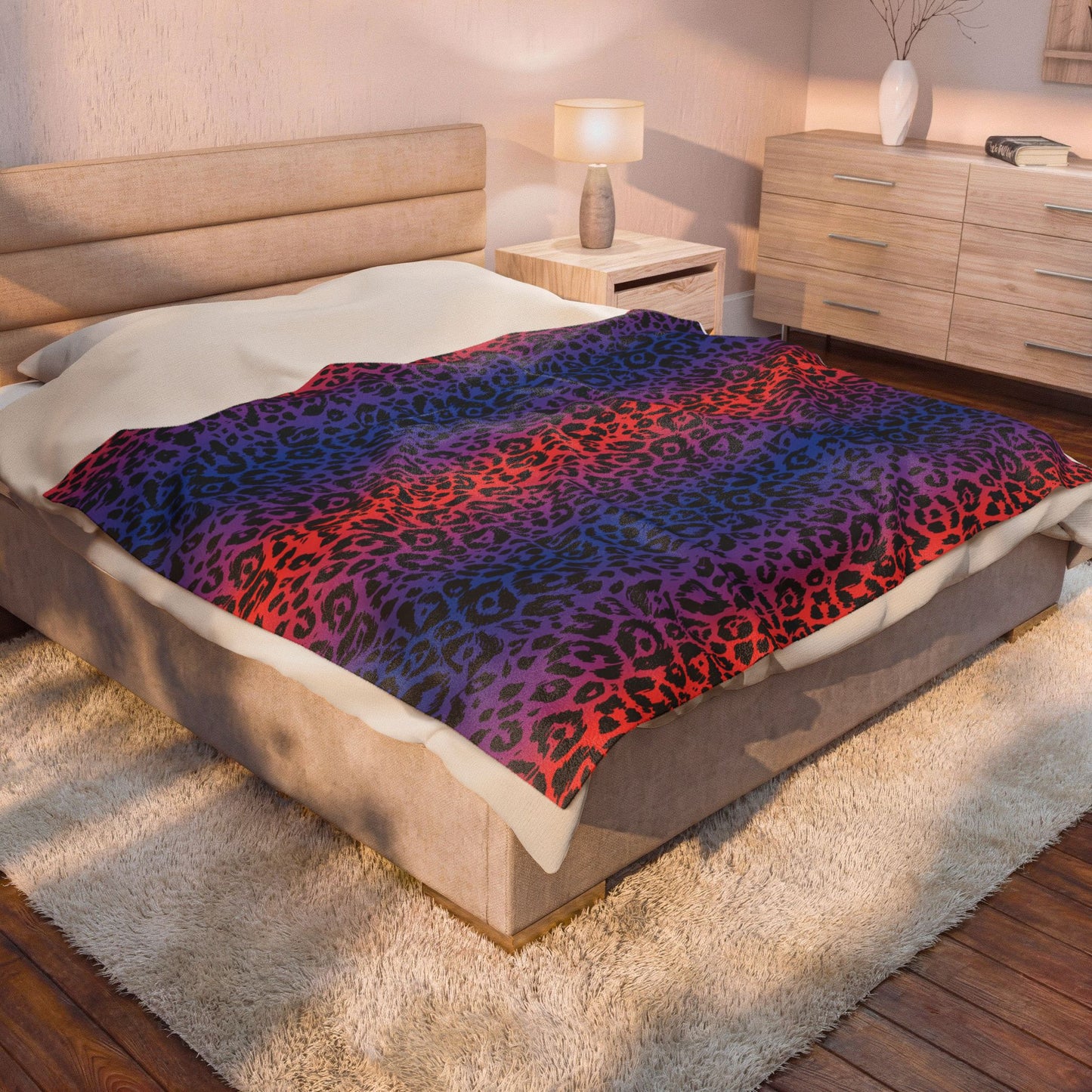 Rainbow Leopard Velveteen Plush Blanket — Soft Cozy Animal Print Throw